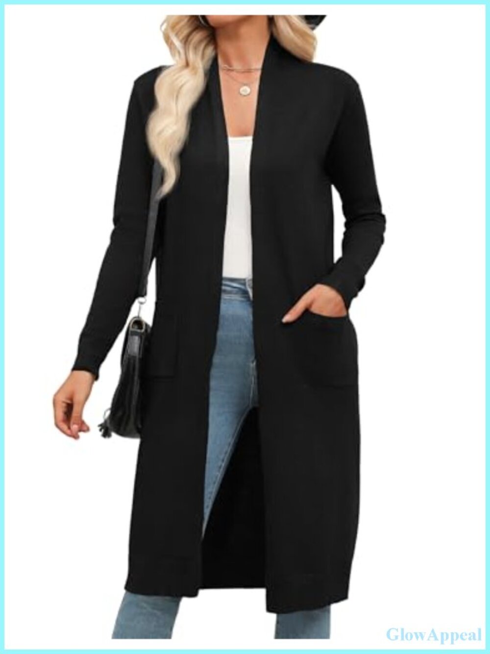 Women's Knitted Open Front Long Cardigan with Pockets, Lightweight Duster